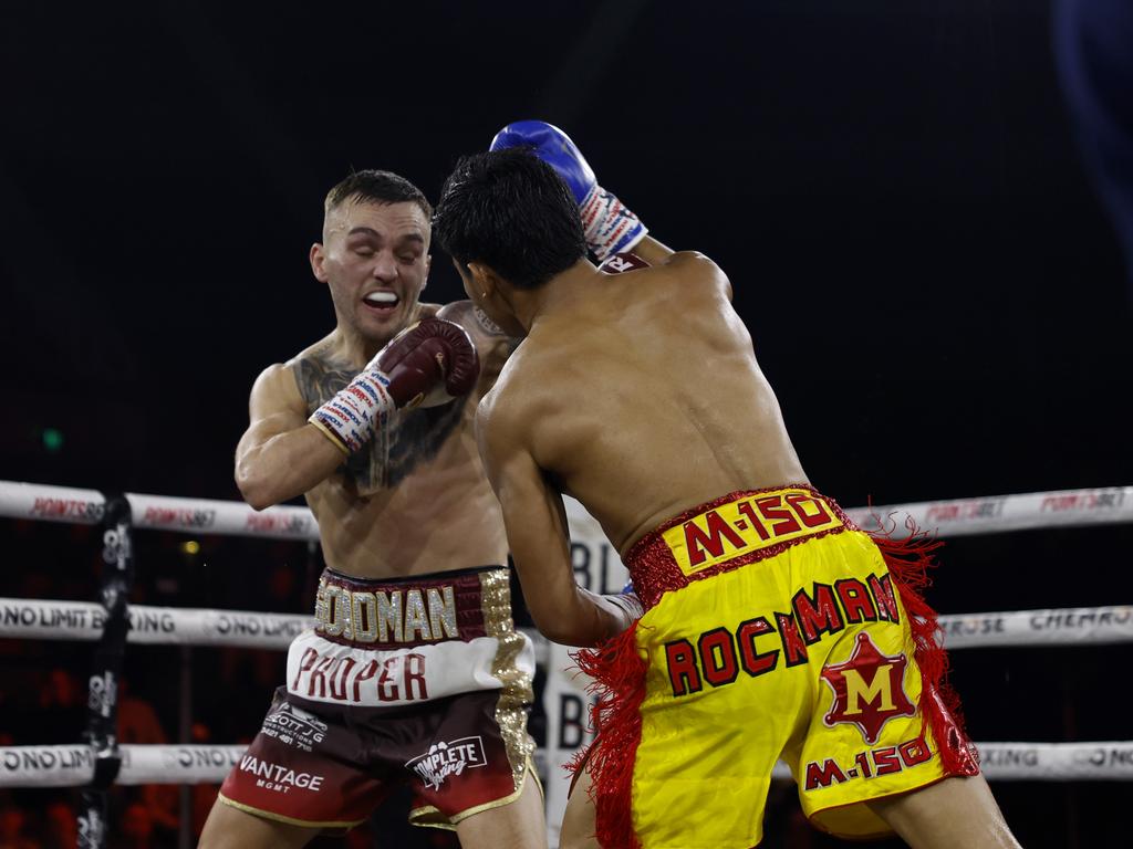 Sam Goodman broke his hand in the bout with Chainoi Worawut, but plans to be back in action this year. Pictures: No Limit Boxing/Gregg Porteous