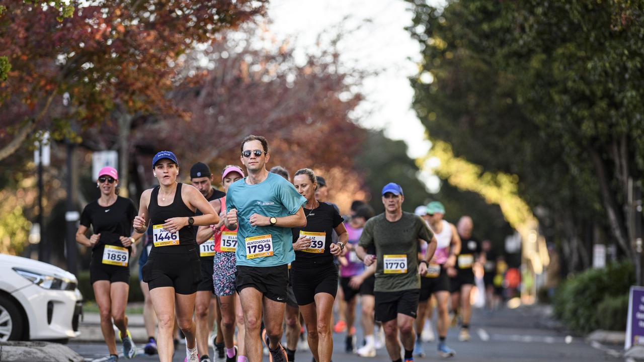 Runners on Ruthven St in the Toowoomba CBD in the Toowoomba Marathon (and half marathon), Sunday, May 4, 2025. Picture: Kevin Farmer