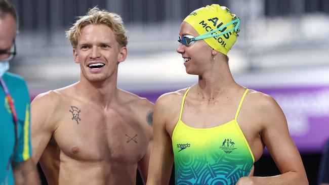 Emma McKeon and Cody Simpson in Birmingham. Picture: Michael Klein