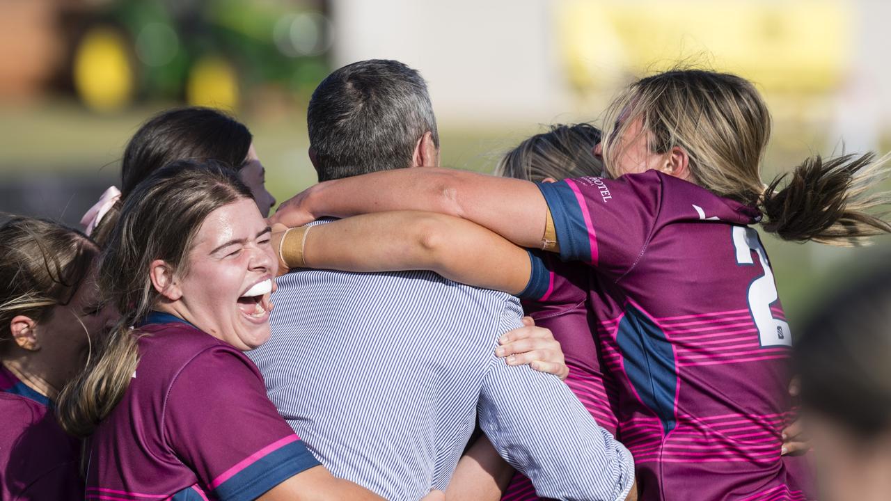 Toowoomba Bears Womens 7s celebrate their win over Roma Echnidas Womens 7s. Picture: Kevin Farmer