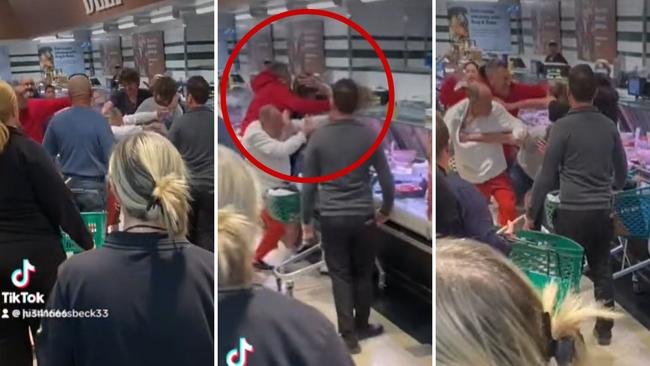 A wild brawl broke out in a busy Woolworths supermarket, with two men bashing others in the head.