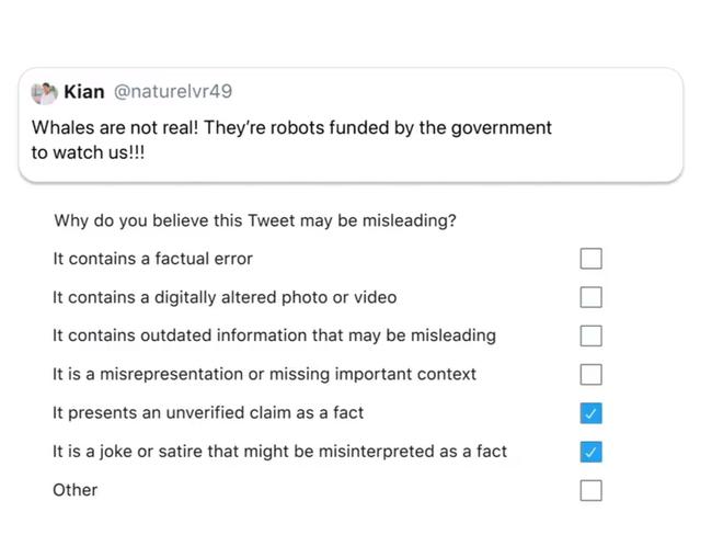 Birdwatch allows for people to specify why they think a tweet is misleading, and whether they think someone is joking.