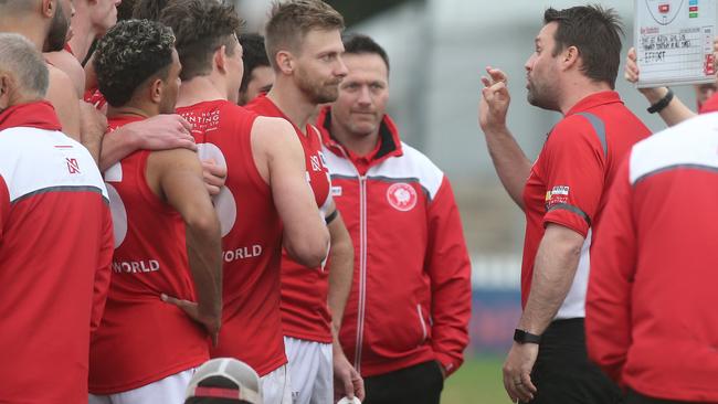 North Adelaide coach Jacob Surjan addresses his troops at Prospect Oval. Picture: Dean Martin