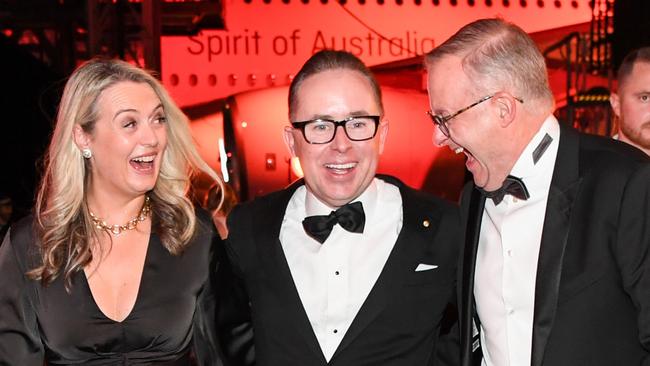 Jodie Haydon, Mr Joyce and Mr Albanese at the Qantas 100th gala dinner in Sydney in March 2023. Picture: Getty Images