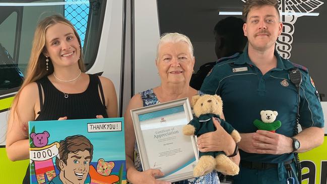 (From left to right) Paramedic and artist Maddy Hogan, Ilse Simonsen and Danny Cashel at the Sarina ambulance station on December 15, 2022. Picture: Duncan Evans