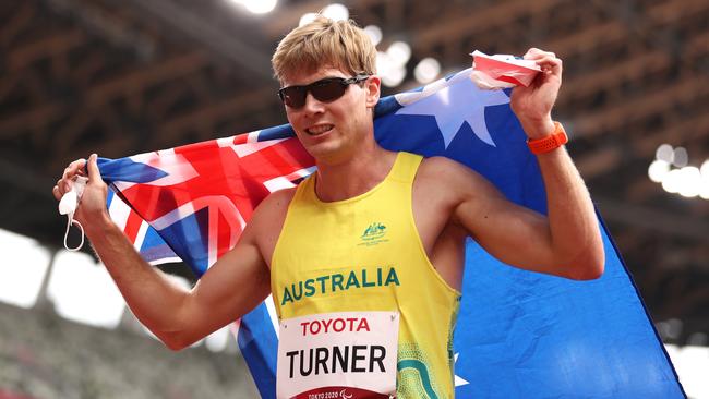 James Turner of Team Australia celebrates winning the gold medal in the Men's 400m – T36 Final on day 7 of the Tokyo 2020 Paralympic Games. Photo: Getty Images