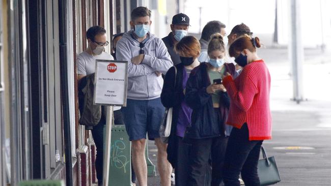 Members of the public lined up for Covid testing at the Mater Covid Testing Clinic in Brisbane on Friday, as the state dealt with a surge in cases. Picture: NCA NewsWire/Tertius Pickard