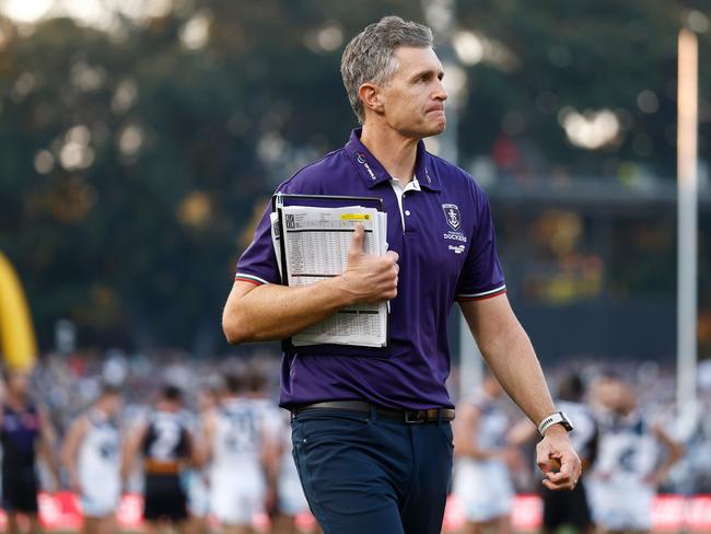 Justin Longmuir walks off the Adelaide Oval during the side’s loss in Gather Round. Picture: Michael Willson/AFL Photos via Getty Images.