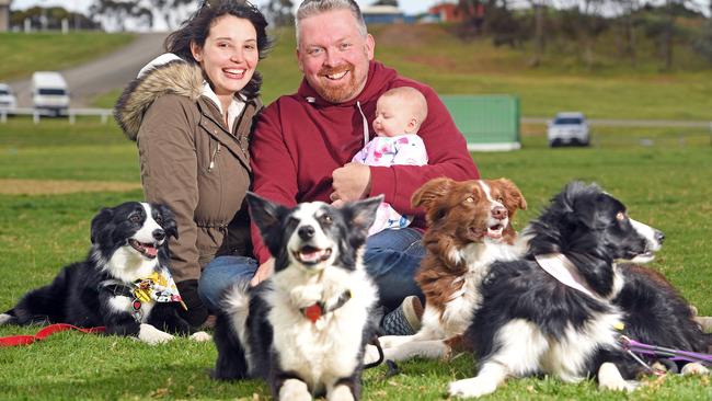 Nikki and Manny Mendes with baby Rylee, 9 weeks, at the world record attempt hosted by the Border Collie Owners of South Australia at Willaston. Picture: Tom Huntley