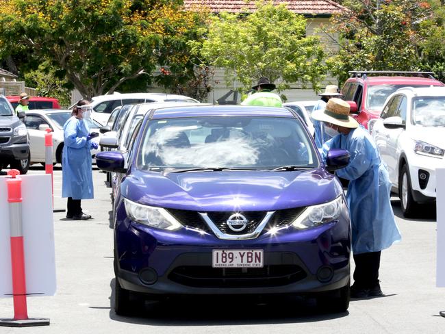 People queue for Covid testing at 4Cyte Pathology, Mitchelton, Picture: Steve Pohlner