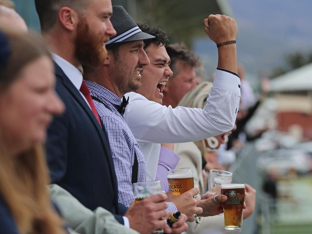 Kieran Field cheers on a winner at the local races held at Elwick during Melbourne Cup Day. Picture: Luke Bowden