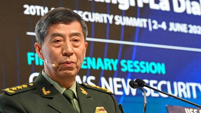 China's Minister of National Defence Li Shangfu delivers a speech during the 20th Shangri-La Dialogue summit. Picture: AFP