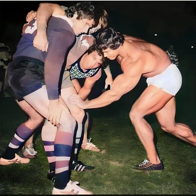 Arnold Schwarzenegger packs down in a scrum in 1974 against Laurie Freier, Elwyn Walters and Arthur Beetson as Eastern Suburbs coach Jack Gibson looks on.