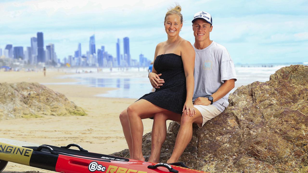 Ironman competitor Matt Bevilacqua and his partner Brielle showing off her baby bump ahead of round 2 of the Ironman series this weekend. Pics Adam Head