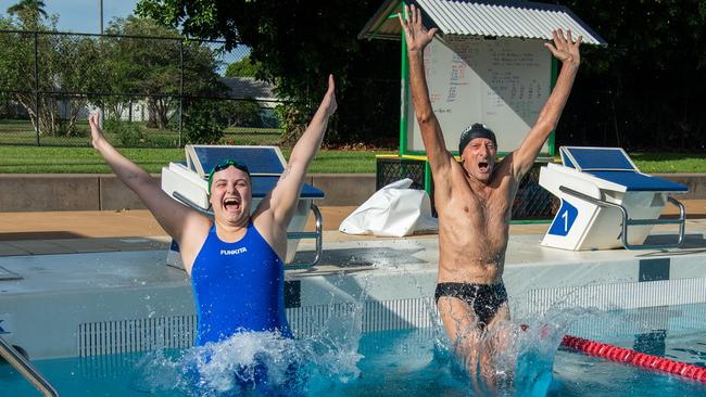 Shannon Coutts and Robert Magin are putting in the final work ahead of next month’s National Masters Swimming Championship in Darwin. Picture: Pema Tamang Pakhrin.