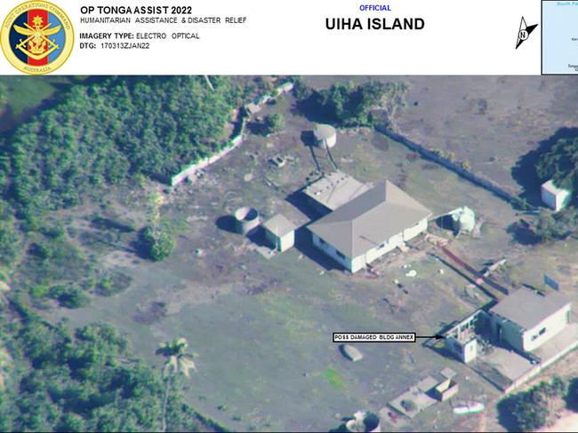 Aerial image from a reconnaissance flight taken during a mission by a Royal Australian Air Force P-8A Poseidon maritime patrol aircraft of damage on Uiha Island in Tonga. Picture: Australian Department of Defence/AFP