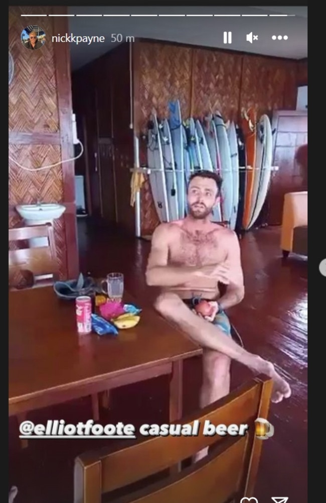 Instagram post of Elliot Foote enjoying a beer after being rescued from Indonesian waters where he survived by floating on a surfboard. Picture: Instagram