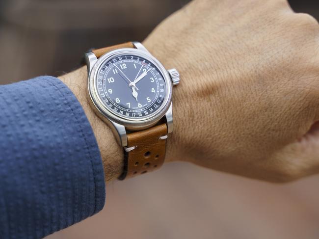 Vintage luxuries wrist watch on man's arm, close up