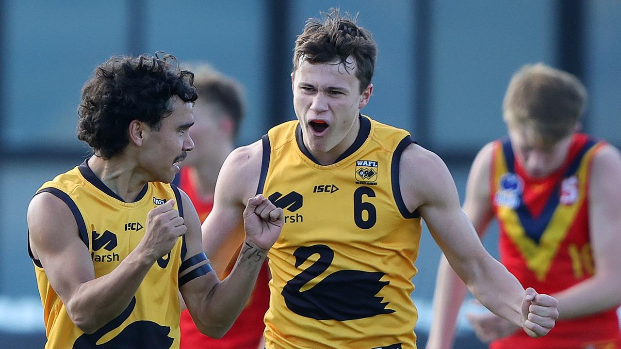 ADELAIDE, AUSTRALIA - JUNE 16: Malakai Champion of Western Australia celebrates his goal with Blake Kelly of Western Australia during the 2024 Marsh AFL Championships U18 Boys match between South Australia and Western Australia at Alberton Oval on June 16, 2024 in Adelaide, Australia. (Photo by Sarah Reed/AFL Photos via Getty Images)