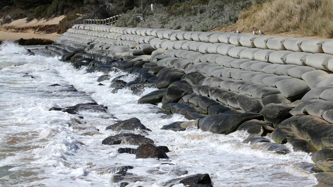 Sandbags were installed at Portsea’s front beach a decade ago in a bid to stem erosion. Pictures Norm Oorloff