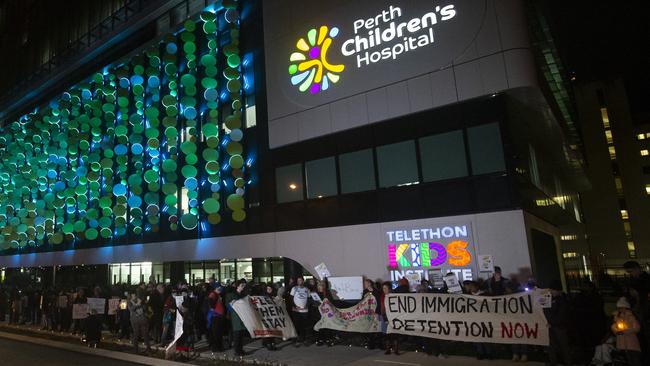 Members of the public hold a vigil outside the Perth Children's Hospital for Tharunicaa, who was medically evacuated from detention on Christmas Island. Picture: Matt Jelonek/Getty Images