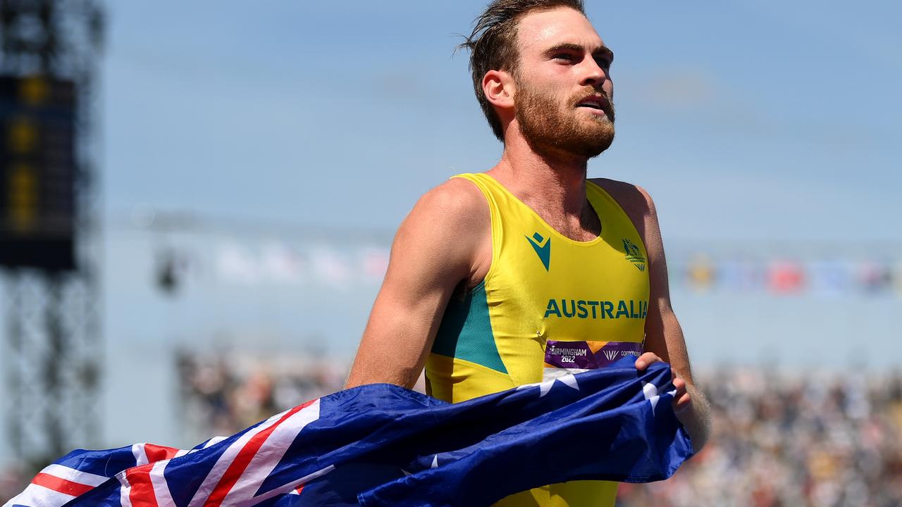 Oliver Hoare celebrates after winning the gold medal in the men's 1500m final. Picture: David Ramos/Getty Images