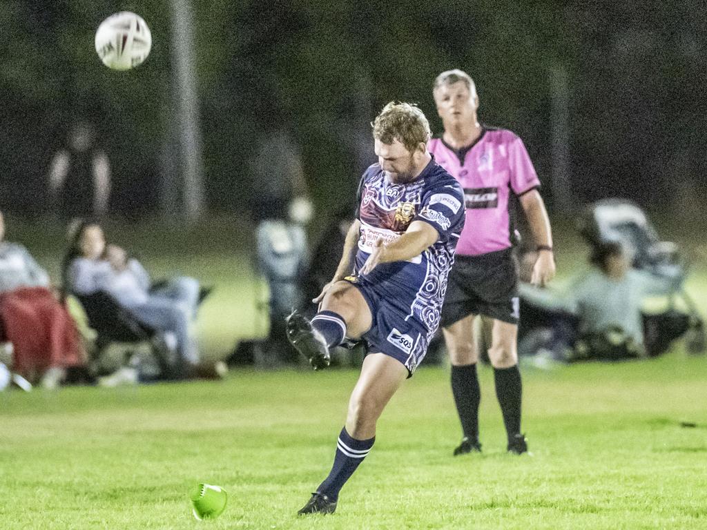 Ben Cook kicks for Emus. 2023 TRL Cultural Cup, SW Qld Emus vs Pacific Nations Toowoomba. Saturday, February 25, 2023. Picture: Nev Madsen.