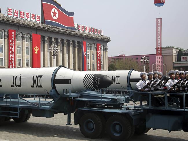 A submarine missile is paraded across Kim Il Sung Square during a military parade in Pyongyang. Picture: AP