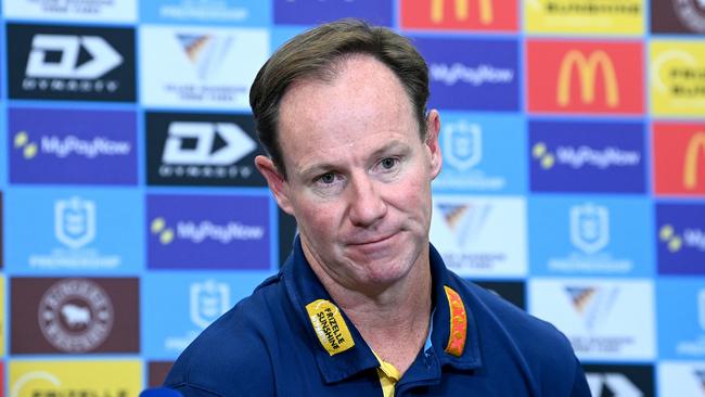 BRISBANE, AUSTRALIA - APRIL 23: Coach Justin Holbrook of the Titans looks dejected at a post match press conference after the round eight NRL match between the Dolphins and Gold Coast Titans at Suncorp Stadium on April 23, 2023 in Brisbane, Australia. (Photo by Bradley Kanaris/Getty Images)