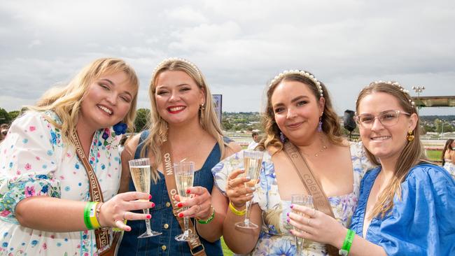 Jordyn Nothdurft (left) with Hayley Nothdurft, Kirsty Stocker and Elizabeth Cooper. IEquine Toowoomba Weetwood Raceday - Clifford Park Saturday September 28, 2024 Picture: Bev Lacey