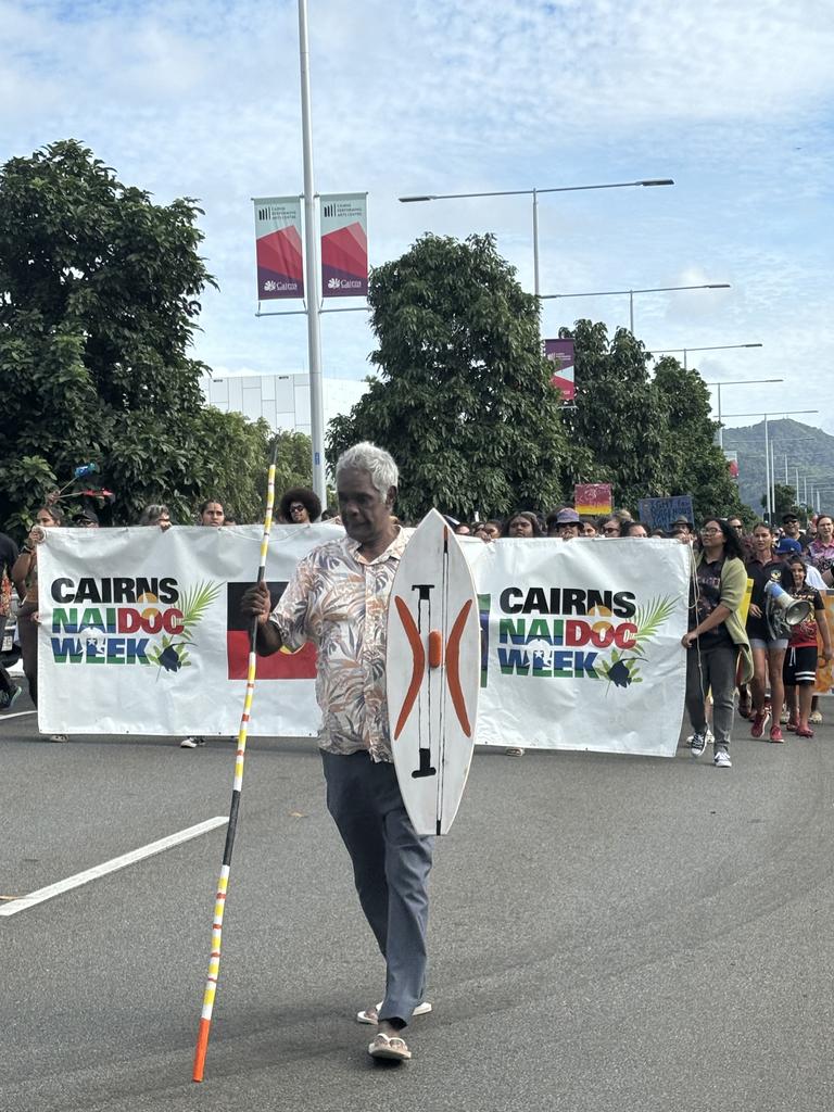 Yidinji Elder and Gimuy Traditional Owner Uncle Peter â&#128;&#152;Bumiâ&#128;&#153; Hyde leads the NAIDOC Week march through the Cairns CBD. Photo: Dylan Nicholson