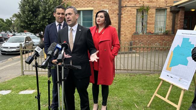 Blair Boyer, Tom Koutsantonis and Jayne Stinson at Adelaide High School for the restoration of CBD school zones. Picture: Kitty Barr