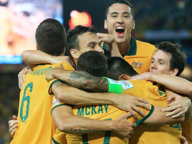 Australia's Matt McKay celebrates his goal during the Socceroos v Oman Asian Cup game at ANZ Stadium, Sydney Olympic Park. pic Mark Evans