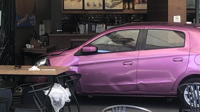 The car which crashed into Broadbeach Starbucks. Picture: Kyle Wisniewski.