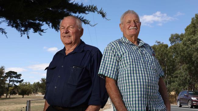 Birdwood locals Trevor Carter and Arthur Tucker want the speed on a dangerous section of Torrens Valley Road reduced to 80km/h. Picture: Emma Brasier