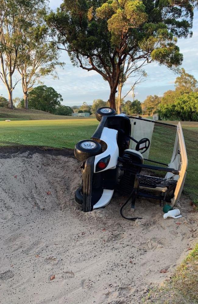 One of the dozen buggies damaged in the overnight escapade at Coplicks Tallebudgera Golf Course. 