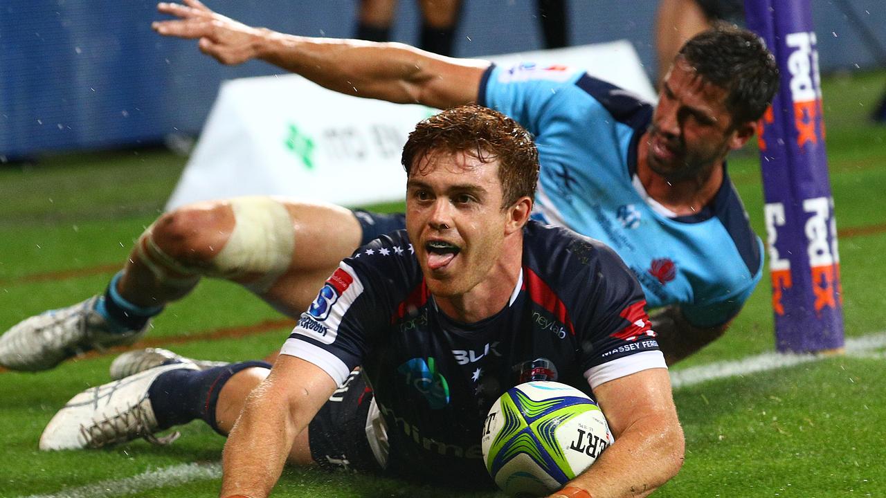 Andrew Kellaway of the Rebels scores a try at AAMI Park.