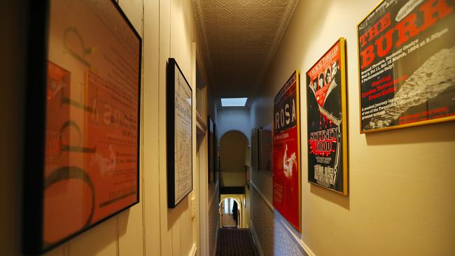 Posters on display, from shows the couple were in, at the Redfern home of Lyndon Terracini and Noemi Nadelmann. Picture: Hollie Adams