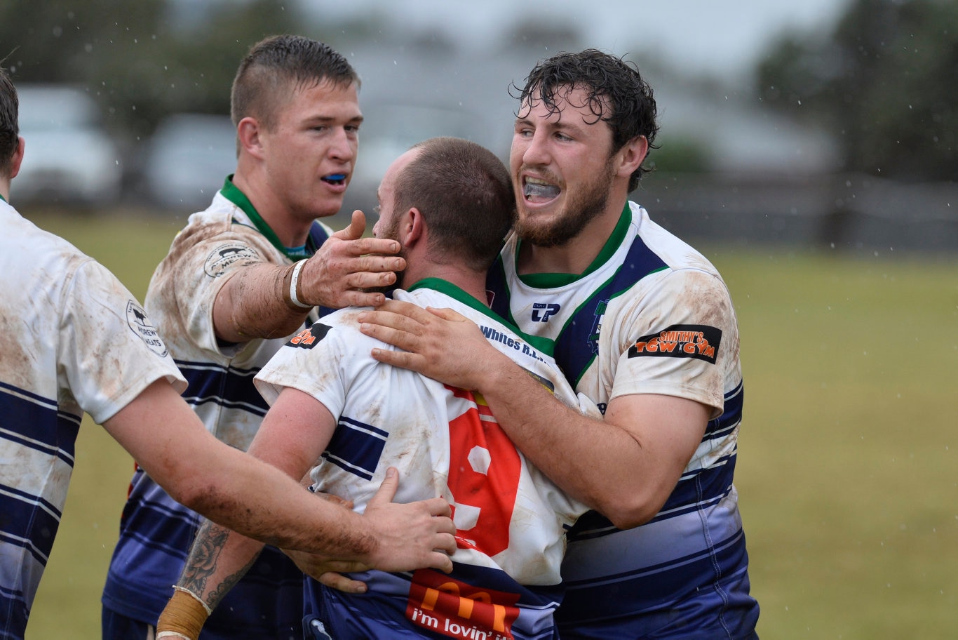 Brothers celebrate an Alex McErlean (centre) try against Wattles in TRL Premiership round nine rugby league at Glenholme Park, Sunday, June 2, 2019. Picture: Kevin Farmer