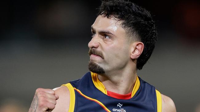 BRISBANE, AUSTRALIA - JULY 07: Izak Rankine of the Crows celebrates a goal during the 2024 AFL Round 17 match between the Brisbane Lions and the Adelaide Crows at The Gabba on July 07, 2024 in Brisbane, Australia. (Photo by Russell Freeman/AFL Photos via Getty Images)