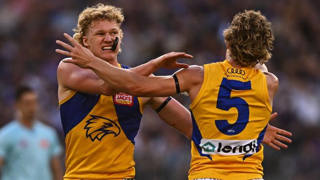 Reuben Ginbey was heavily influential in the Eagles remaining within striking distance of the Dockers at three-quarter time in the Western Derby on Sunday. Picture: Daniel Carson / Getty Images