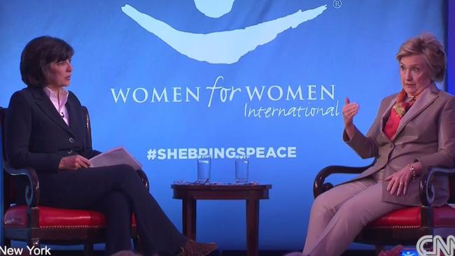 CNN’s Christiane Amanpour (left) interviewed Hillary Clinton at a Women for Women event in New York. Picture: CNN