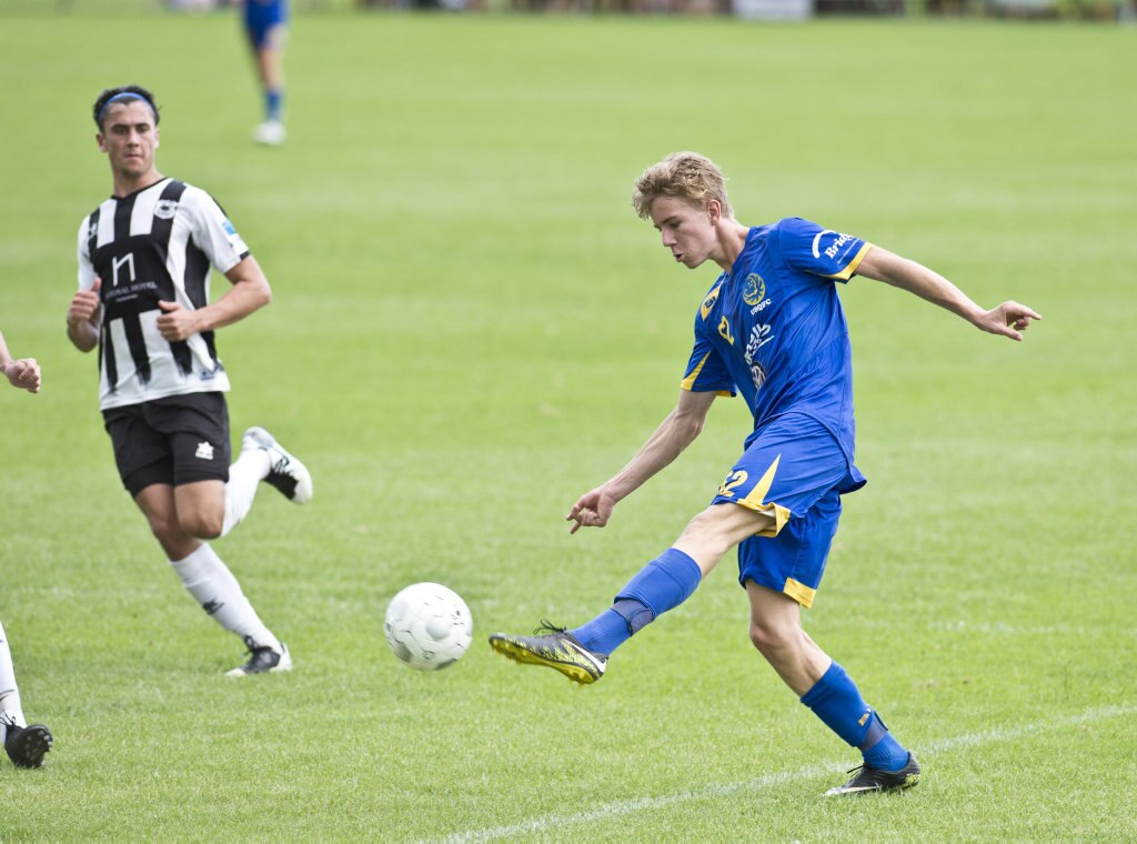 Cormac McCarthy, USQ. Football, Willowburn vs USQ. Sunday, 4th Mar, 2018. Picture: Nev Madsen