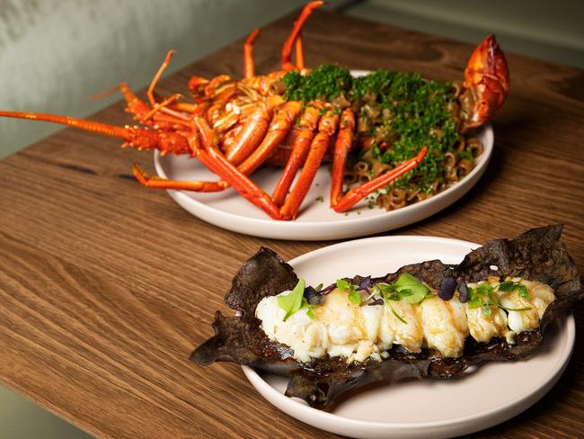 Loti’s whole lobster is butter poached, wrapped in kelp, barbecued and served with kelp pasta. Picture: Mark Stewart