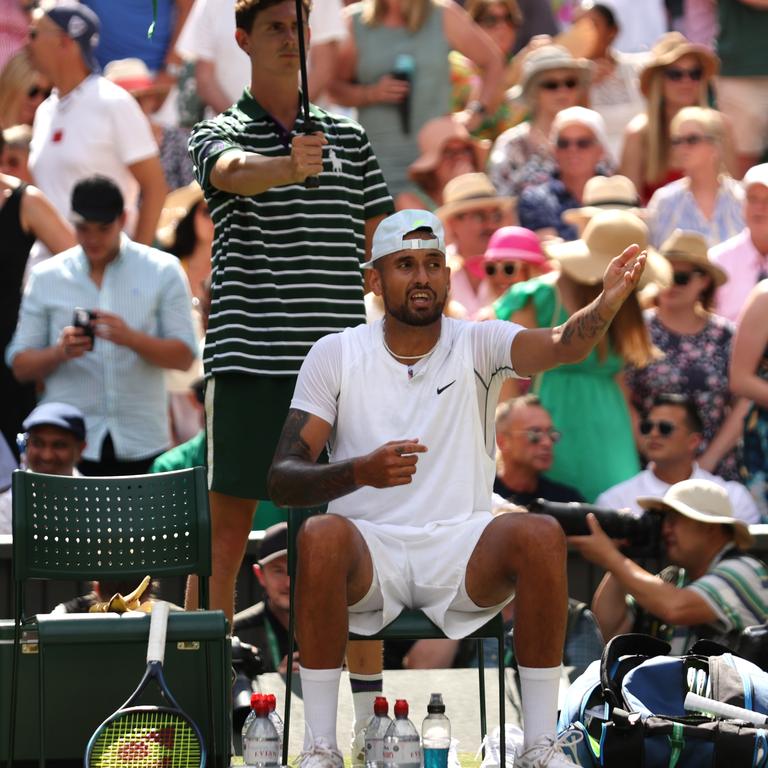 Nick Kyrgios speaks with umpire Renaud Lichtenstein (out of frame) about an unruly fan. (Photo by Clive Brunskill/Getty Images)