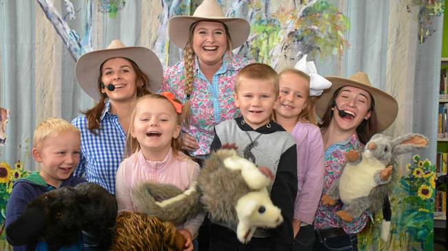 RURAL LIFE: Koala Rumba presenters Eden Smith, Cilla Pershouse and Georgia Spark with Kingaroy kids David Jones, Ciara Adams, Kahn Fleischfresser and Allyrah Adams after the Kingaroy library concert on July 4 last year. Picture: Jessica McGrath