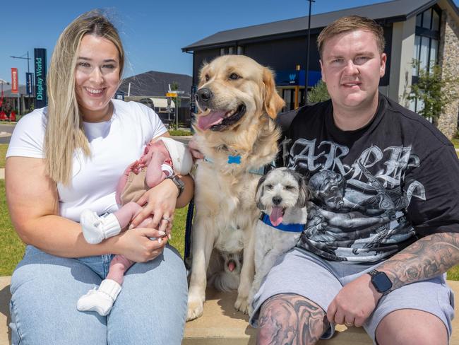 Emma and Jordan Bristow with their new baby Leo and two dogs Ziggy and Murphy at Riverlea SA. Pictured on 19th Feb 2025. Picture: Ben Clark