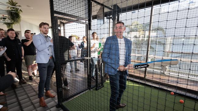 Mike Hussey tries out the virtual cricket nets at Tricky Wicket in Malvern. Picture: David Geraghty