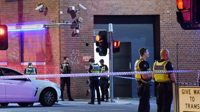 Police outside Melbourne Pavilion after labourer Ben Togiai was fatally wounded at a boxing event. Picture: Lawrence Pinder