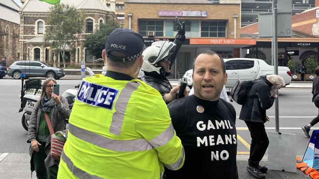 Extinction Rebellion protester Bradley Homewood outside the Santos building on Thursday morning. Picture: Supplied.